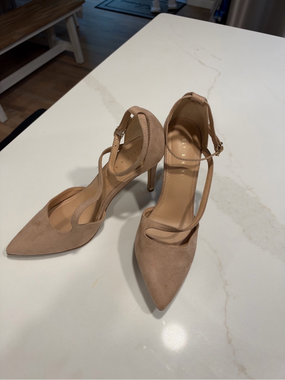 Women's Pointed Toe T-Strap Heels in Nude